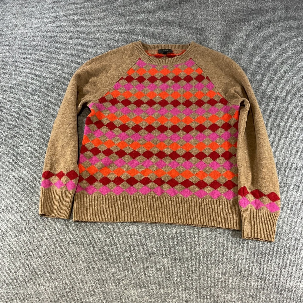 J.Crew Womens Lambswool Argyle Sweater Tan Pink Orange Diamond Knit Top M 22381
